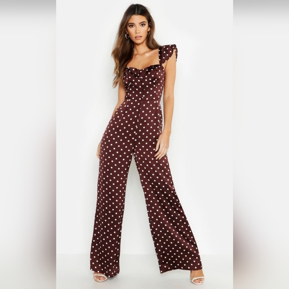 Boohoo Pants - ❤NWT-❤️🥂 BOOHOO Polka Dot Satin Sweetheart Button Jumpsuit CHOCOLATE